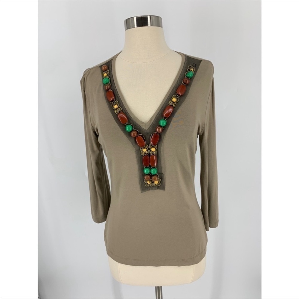 St. John V-Neck Embellished Knit Long Sleeve Top